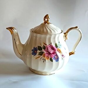 Sadler England tea pot Vintage Pattern wave roses gold trim Estate Coffee Kettle